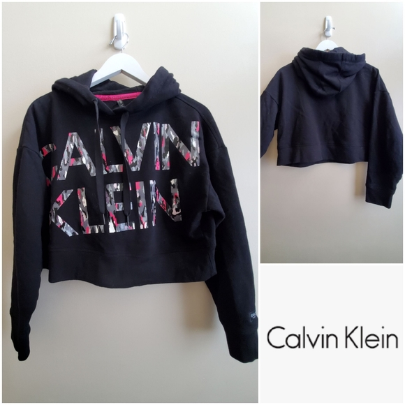 Calvin Klein Cropped Hoodie, Black colour with colourful Logo, M size - Picture 1 of 10